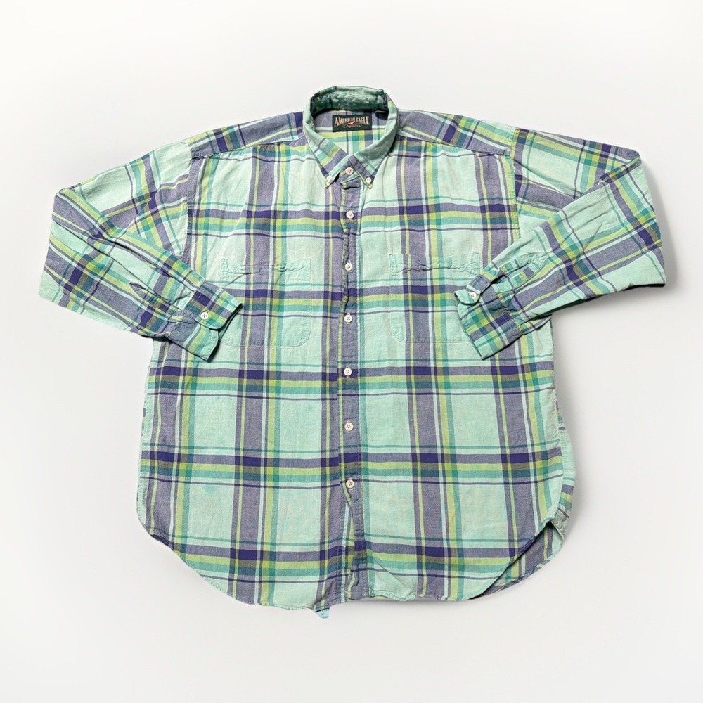 American Eagle Hoodie Mens Medium Green Plaid‎ Button Up Shirt Made In USA